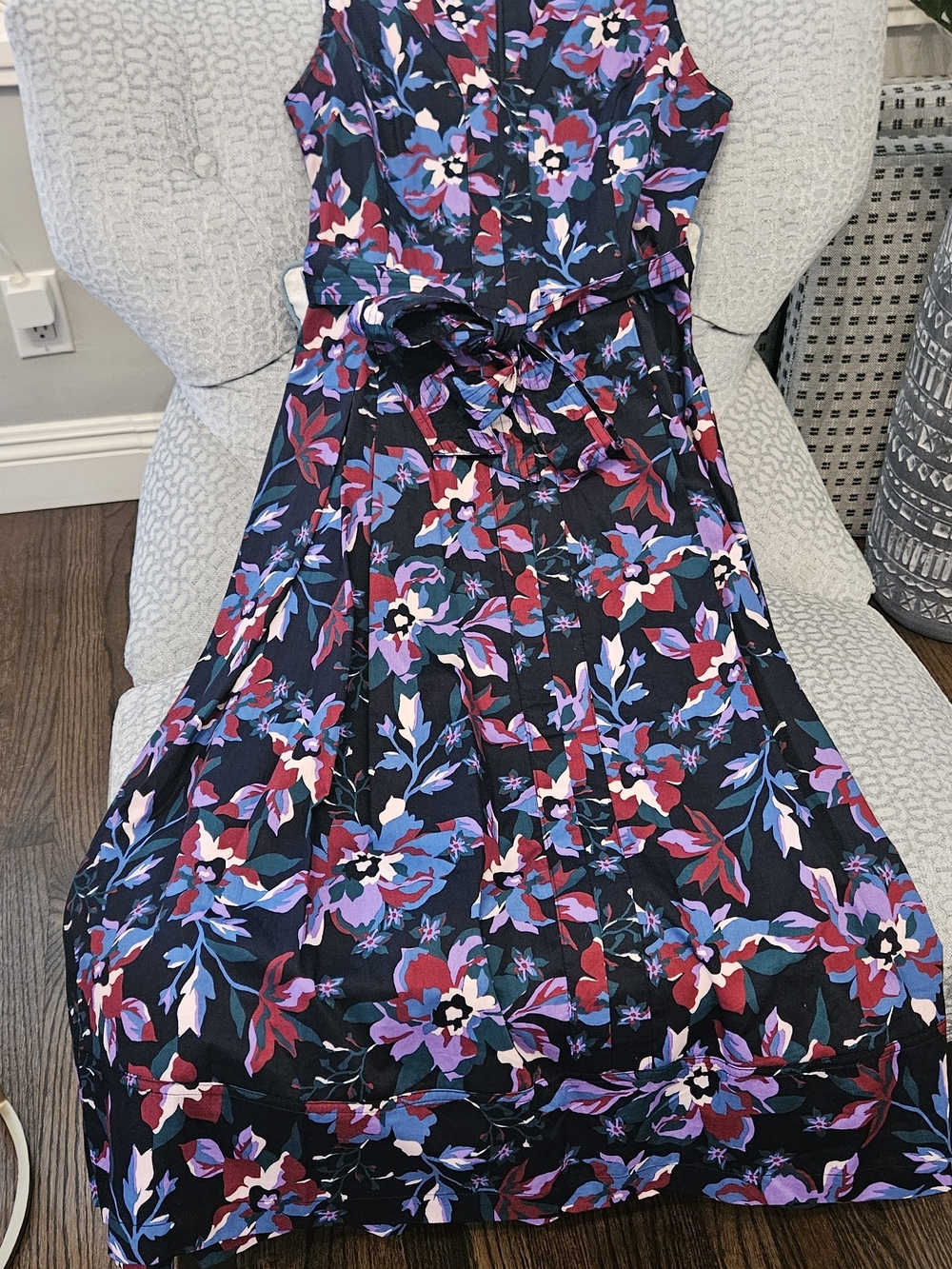 Floral Sleeveless Midi Dress in Black with Purple, Red & Blue Flowers